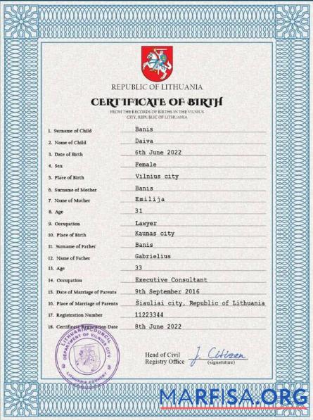 Blank Lithuania vital record birth certificate PSD template